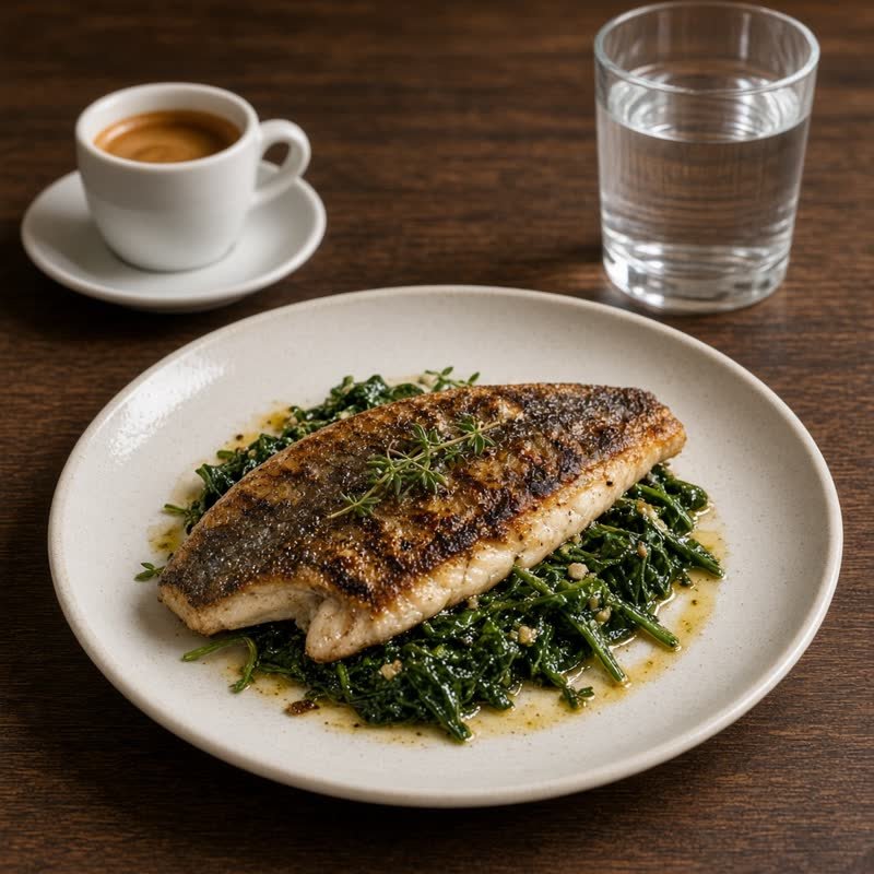 Main course, fish, water and coffee