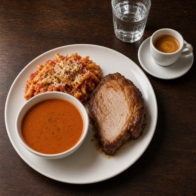 Soup, pasta, meat, water and coffee