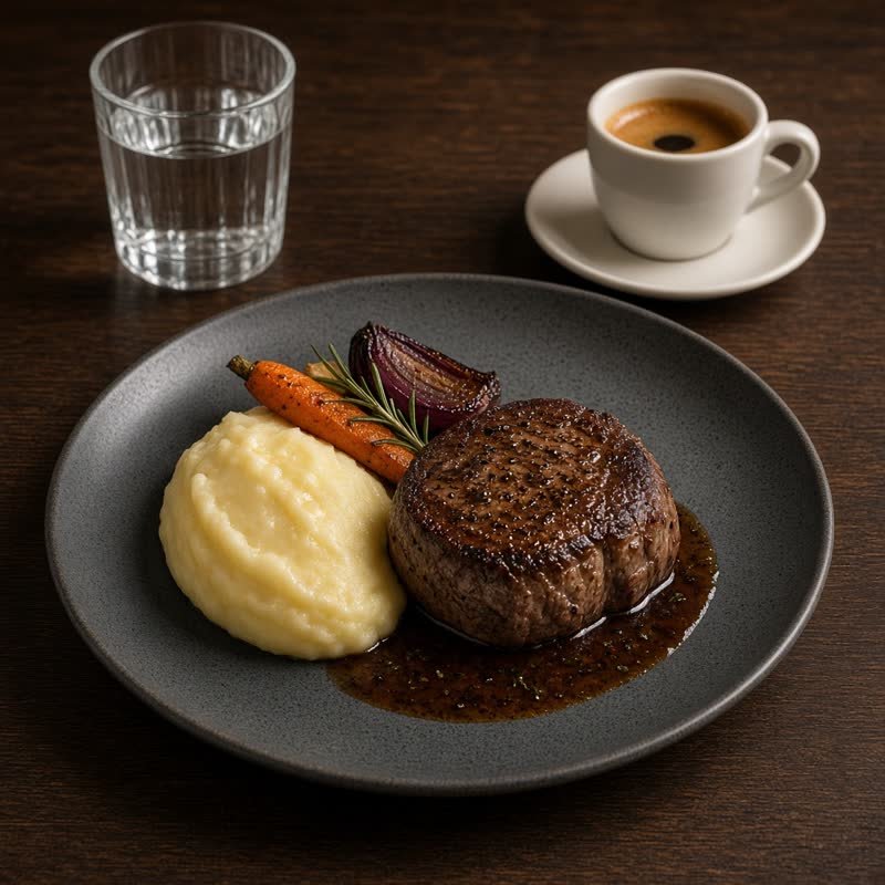 Main course, meat, water and coffee