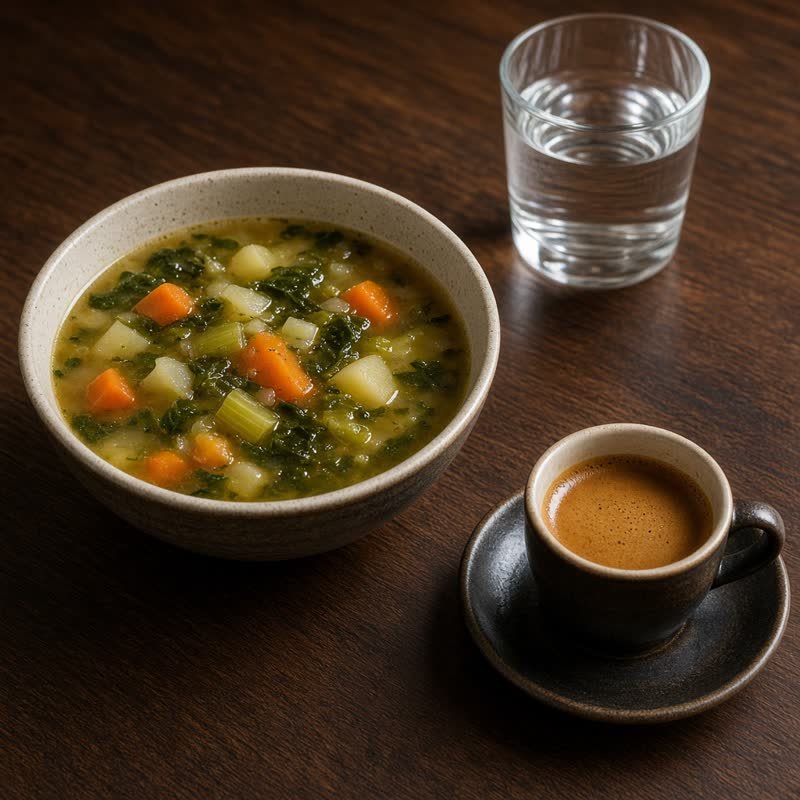Soup, water and coffee