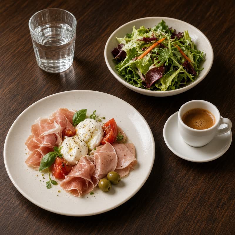 Starter, salad, water and coffee